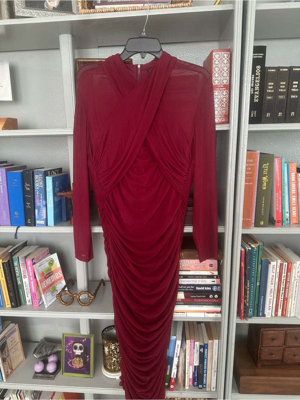 Kenneth Cole Wine Ruched Long-Sleeve Maxi Dress